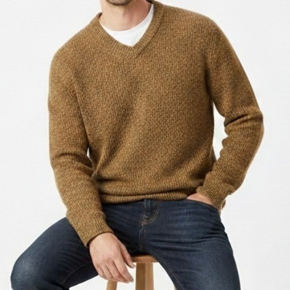 UNIQLO Men Sweater V Neck Marled‎ Brown Wool Blend Long Sleeve Size Medium